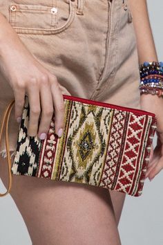 Handmade fine cotton yarn dye jacquard ethnic diamond shape pattern with beads leather wristlet clutch*Shell: 100% CottonTrims: Suede LeatherLining: 100% Polyester*APPROX. L 5.25" W 8.5" Wristlet 7" Bohemian Beaded Clutch, Bohemian Beaded Festival Clutch, Bohemian Beaded Pouch Clutch, Bohemian Beaded Clutch For Everyday Use, Rectangular Woven Clutch For Festival, Diamond Shape Pattern, Wristlet Clutch, Bead Leather, Leather Wristlet