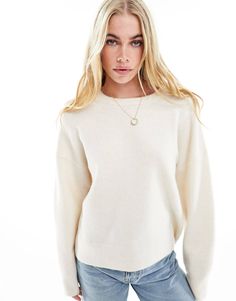 ASOS DESIGN boxy crew neck sweater in cream | ASOS Cream Jumper Outfit, Cream Jumper, Jumper Outfit, White Jumper, Crew Neck Jumper, Cream Sweater, Cute Simple Outfits, Fall Sweaters, Jumpers And Cardigans