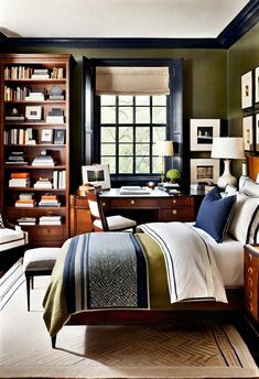 a bedroom with bookshelves and pictures on the wall