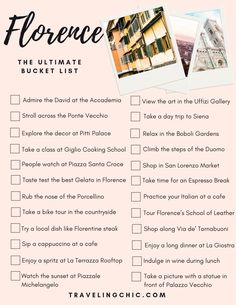 the ultimate travel checklist for florence is shown in pink and white with black lettering