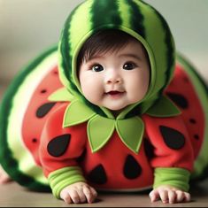 a baby in a watermelon costume laying on the ground with its head turned to the side