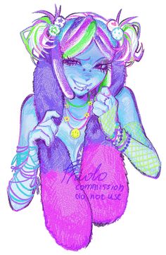 a drawing of a girl with purple hair and green eyes holding a cell phone to her ear