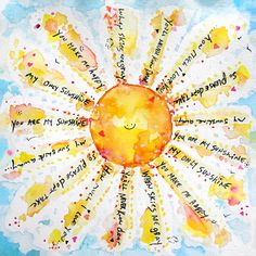 a watercolor painting with words written in different languages around the sun on blue background