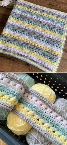 crocheted dishcloths and balls of yarn are shown in two different colors