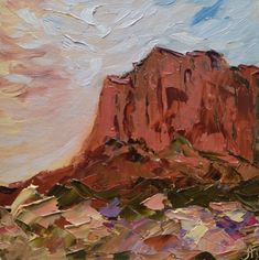 an oil painting of a red mountain with clouds in the sky and sun behind it