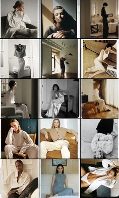 many different pictures of people and animals in black and white, with one woman sitting on the bed