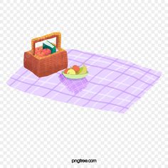 a picnic blanket and basket with fruit on it, transparent background png clipart