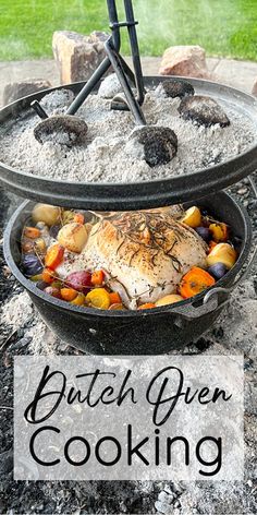 a pot with some food in it and the words dutch oven cooking on top of it