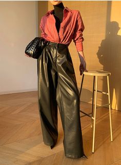 Leather Wide Pants Outfit, Wide Leather Pants Outfit, Wide Leg Leather Pants Outfit, Leather Pants Styling, Anthro Aesthetic, Pointed Boots Outfit, Wide Leather Pants, Outfits With Leather Pants, Wide Leg Leather Pants