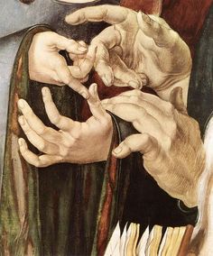 a painting of two hands touching each other's fingers, with another hand reaching for something