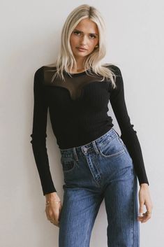 Alder Sweater in Black – Groovy Mimi Trendy Crop Tops, Elegant Blouses, Casual Tee, Cozy Sweaters, Stretchy Material, Round Neckline, Long Sleeves, Mesh