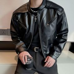 Black Leather Aesthetic Men, Badboy Outfit Man, Men With Leather Jacket, Badboy Aesthetics, Starboy Jacket, Star Boy Style, Black Leather Jacket Outfit Men, Mens Starboy Outfits, Men Leather Jacket Outfit