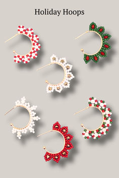 four pairs of holiday hoops with beaded details on each side and the words holiday hoop