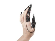 DOUBLE RING WITH CLAW "MARA" Filigree Claw Ring connected with chains. This unique finger accessory is perfect for cocktails, parties, fashion editorials, music videos, costumes/cosplay, halloween and drag queens. Wear it in different ways! All claws and rings are fully adjustable. Available in Black, Silver, Gold and Bronze Tone. Hypoallergenic! Myril Jewels designs are Made of Stainless Steel + Anallergic Metal Alloy (lead and nickel safe) Comes in a rigid GIFT BOX with a silver logo + organza Avant Garde, Neo Goth, Creepy Jewelry, Full Finger Ring, Gold Gloves, Claw Earrings, Enchanted Jewelry, Full Finger Rings, Halloween Creepy