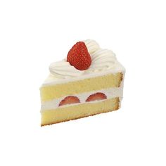 a piece of cake with white frosting and strawberries on top, against an orange background