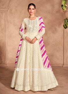 Beige Georgette Embroidered Anarkali With Dupatta... A Line Anarkali, Ivory Anarkali, Anarkali Tops, Georgette Anarkali Suits, Lehenga Bridesmaid, Georgette Anarkali