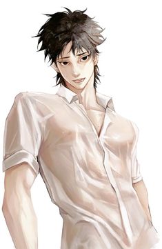 an anime man with black hair and white shirt is looking at the camera while holding his hands on his hips