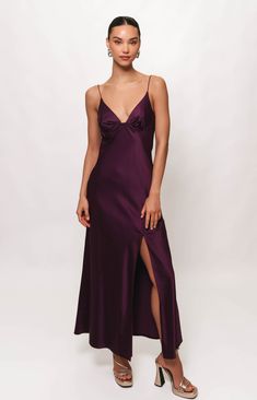 Mauve Wedding Guest Dress, Moody Bridesmaid Dresses, The Sun Reversed, Deep Purple Bridesmaid Dresses, Plum Dresses, Eggplant Dress, Screen Writing, Purple Satin Dress, Deep Purple Dress