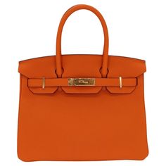 Brand: Hermès Style: Birkin Size: 30cm Color: Orange Material: Clemence Leather Hardware: Gold (GHW) Dimensions: 11.75" W x 9.5" H x 6" D Handle Drop: 5" Luxury Orange Shoulder Bag With Leather Handles, Luxury Orange Shoulder Bag With Branded Hardware, Hermes Orange Bag, Designer Orange Bags With Gold-tone Hardware, Hermes Orange, Hermes Birkin, Gold Hardware, Fashion Handbags, Top Handle Bag