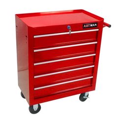 a red tool box on wheels with the word artman written on it and two drawers