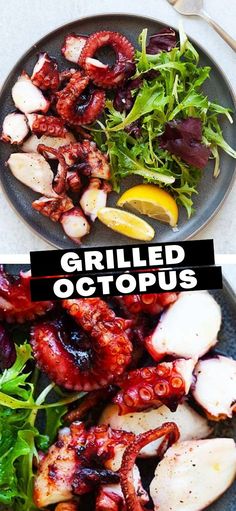 grilled octopus with greens and lemon wedges on a black plate next to a salad