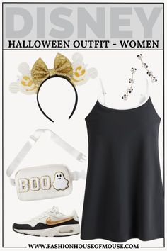 a woman's halloween outfit is shown with the word boo on it and an image of