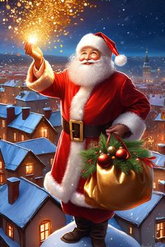 a santa clause holding a bag full of presents on top of a building with fireworks in the sky