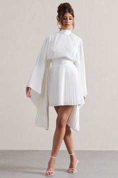 Charity White Pleated High-Neck Mini Dress With Cape Sleeves – Club L London - USA Dress With Cape Sleeves, White Cape, Dress With Cape, High Neck Mini Dress, Black Dress Prom, Strappy Stilettos, Black Tie Gala, Cape Sleeves, Mini Skater Dress