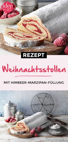 a cake with raspberries on it and the title reads rezept weihnachtstelln mit himber - marzpan - fullung