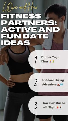 a man and woman doing dance moves with the words, fitness partners active and fun date ideas