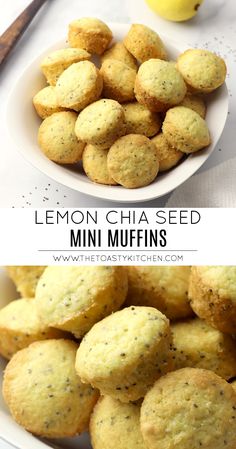 lemon chia seed mini muffins on a white plate and in a bowl