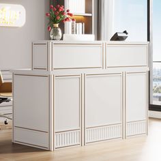 a white reception desk in an office setting