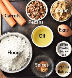 an image of ingredients for cooking carrots, eggs and spices