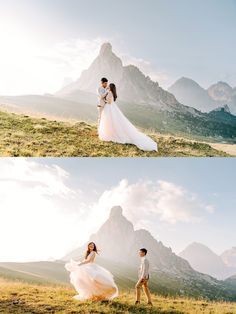 the bride and groom are posing for pictures in front of mountains