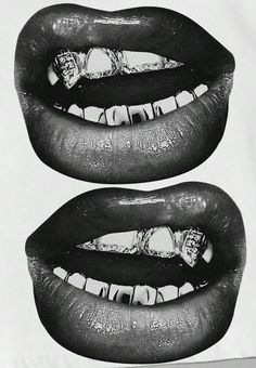 black and white photograph of two mouths with teeth