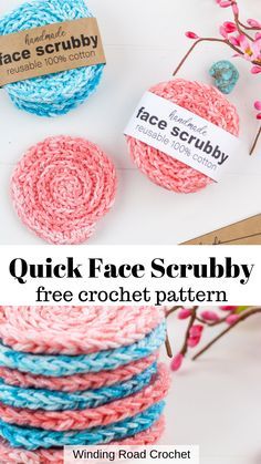 crochet face scrubby pattern with text overlay that reads quick face scrubby free crochet pattern