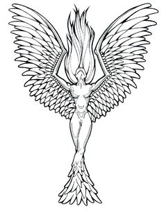 a black and white drawing of a woman with wings on her back, in the shape of an angel