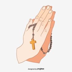 two hands with rosary beads and a cross on it's wrist, against a white background