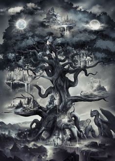 a tree that is in the middle of a night sky with many animals around it