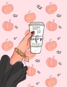 a hand holding a coffee cup in front of pumpkins on a pink background with the words happy day friday