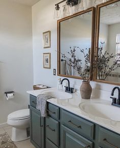 a white toilet sitting next to a bathroom sink under a large mirror on top of a wall