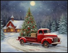 a painting of an old red truck with a christmas tree in the back