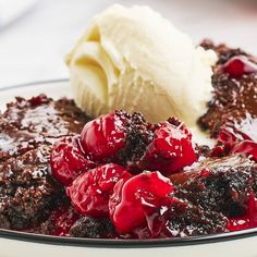 a close up of a plate of food with ice cream