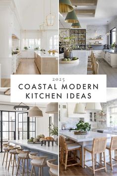 Beautiful coastal kitchen ideas and trends for 2025, with lighting, cabinet colors, backsplash ideas, kitchen decor, white oak and white kitchens, California casual style, modern coastal farmhouse kitchens, kitchen remodel inspiration, and more!