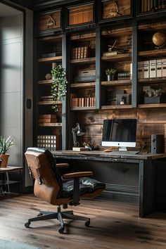 an office with wooden shelves and leather chair