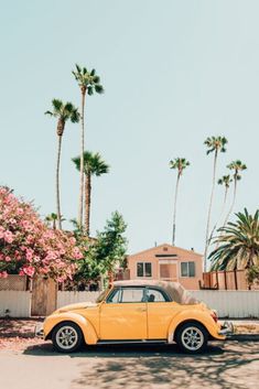 a yellow car parked in front of some palm trees