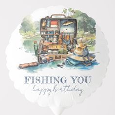 a happy birthday card with an image of a fishing boat and other things on it