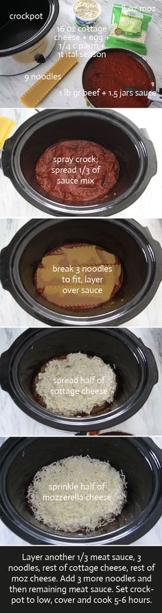 four crockpots with different types of food in them