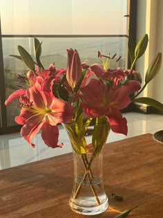 some pink flowers in a clear vase on a table near a window with a view