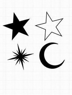 three stars and a crescent are shown in black on a sheet of paper with white background